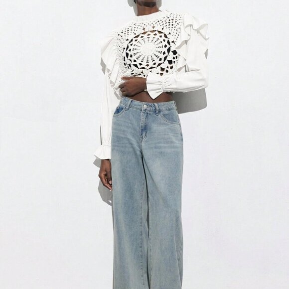 Tops - White Casual Women's Apricot Hollow Hook Flower Splicing Ruffles Tops